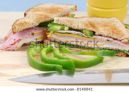 A sliced toasted sandwich of cold cuts