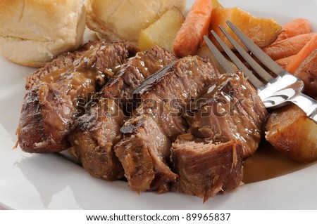 Closeup of a plate of beef pot roast with mushroom gravy
