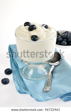 A dish of vanilla or plain yogurt with blueberries