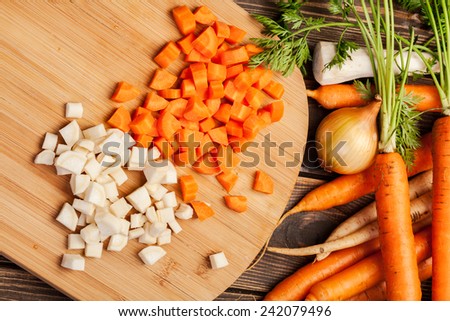 Fresh chopped vegetables on a cutting board