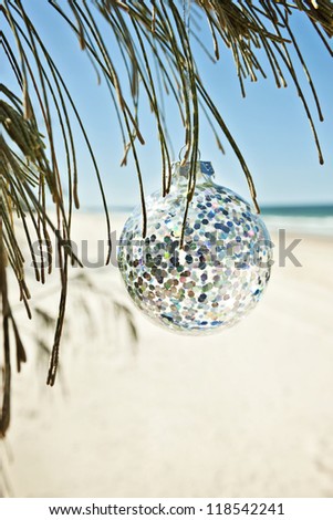 a glass christmas ball hangs from a tree at the beach, vertical comp
