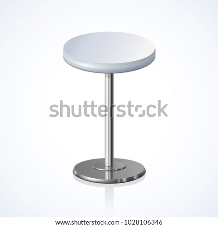 Big lap disk shape pale grey color stylish 3d barstool stand on one solid shiny stem foot on light backdrop. Pub club trendy equipment object concept design. Close-up side view with space for text