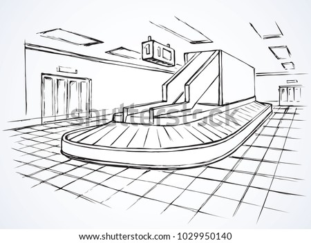 Air empty logistic schedule cargo carousel band track on white background. Black line hand drawn trip gate trolley pick machine design sketch in modern cartoon style pen on paper with space for text