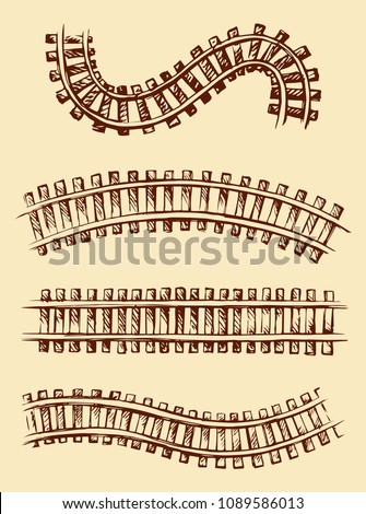 Endless wooden ties and wavy bend steel rails on white backdrop. Freehand linear ink hand drawn traintrack icon logo sketchy in art scribble vintage style pen on paper. Top view with space for text