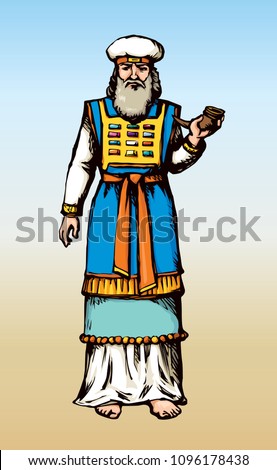 Moses torah historic divine ministry culture. Old righteous character bearded Aaron in tunic, turban with horn of anoint oil. Bright blue color hand drawn judaic levit leader in vintage art east style