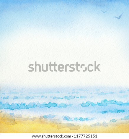 Joyful bright hand drawn watercolour backdrop with space for text on gentle azure heaven. Vibrant romantic breeze day scenic view. Grey cumulus above exotic turquoise bay at seaboard waterside bank