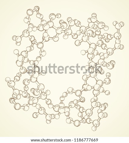 Natural macro bacteria skelet life ball shape chain on white space backdrop. Gas acid discovery lab object concept. Linear ink hand drawn logo sign sketch in modern school art graphic engraved style