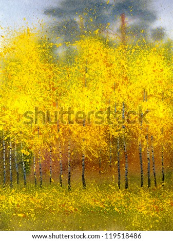 Watercolor landscape. Autumn foliage yellowed bright gold decorated birch forest