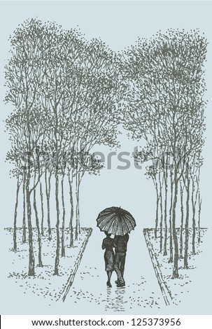 Vector romantic landscape. Couple with umbrella walking along the avenue in the rain