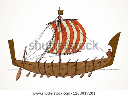 Archaic past century etruscan big oar bireme canvas clothing galliass for merchant trading or colonization isolated on white background. Bright color hand drawn phoenician sketch in art retro style ストックフォト © 