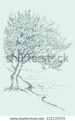 Vector monochrome sketch blossoming spring tree on the river bank