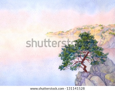 Watercolor landscape background. Pine on a high rocky cliff above the sea meets the gentle cool dawn