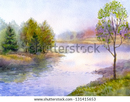 Watercolor landscape. Young tree on the bank of a quiet river