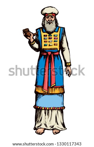 Moses torah historic divine ministry culture. Old righteous bearded Aaron with tunic, turban, horn of anoint oil. Bright blue color hand drawn judaic levit leader picture sketch in vintage east art