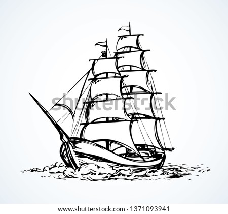 Wooden classic tall buccaneer sailfish galley pictogram isolated on white sky. Freehand line black ink hand drawn logo sign emblem picture sketchy in art retro doodle style pen on paper space for text ストックフォト © 