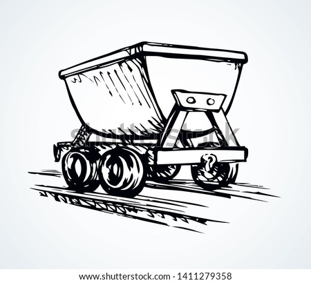Old iron lurry minecart tram tool on white space for text. Black line hand drawn heavy coal fuel ore load move freight delivery carry truck logo sign pictogram sketch in retro art doodle cartoon style