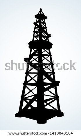 Retro rock refine petrol metal mineral borehole crane work on white sky. Black line hand drawn old heavy offshore pollution flat logo pictogram concept in modern art doodle cartoon style on text space