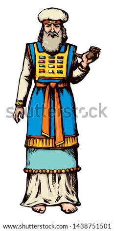 Moses torah historic divine ministry culture. Old righteous bearded Aaron with tunic, turban, horn of anoint oil. Bright blue color hand drawn judaic levit leader picture sketch in vintage east style