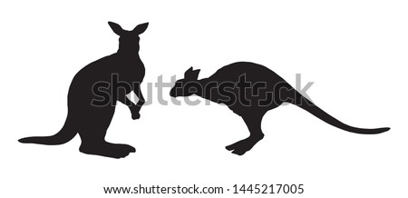 Furry female dog wallaroo run on white backdrop. Dark ink hand drawn picture logotype emblem badge insignia in art contour etching retro style on paper. Closeup side view with space for text on sky