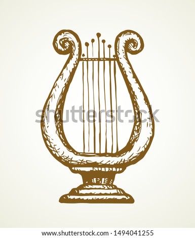 Aged folk celtic wood Lire logotype icon isolated on white background. Freehand outline black ink hand drawn logo emblem pictogram in artistic doodle roman style on paper space for text. Closeup view