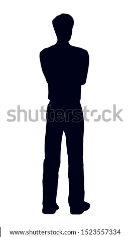 Adult modern single handsome slim smart tall boy line on white backdrop. Freehand outline black ink drawn cold human pose picture logo sign icon sketchy in retro art doodle style on paper text space
