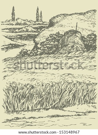 Vector landscape. Haystack among a field of wheat on a hill by the river