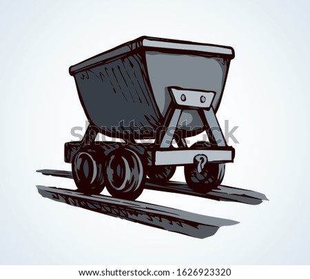 Old iron lurry minecart tram tool equipment on white text space. Black line hand drawn heavy coal fuel ore load move freight delivery carry truck service logo sign sketch in retro art cartoon style