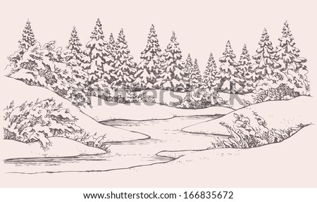 Vector graphic sketch. Winter forest landscape with snow-covered fir trees and bushes on the hills near the frozen river