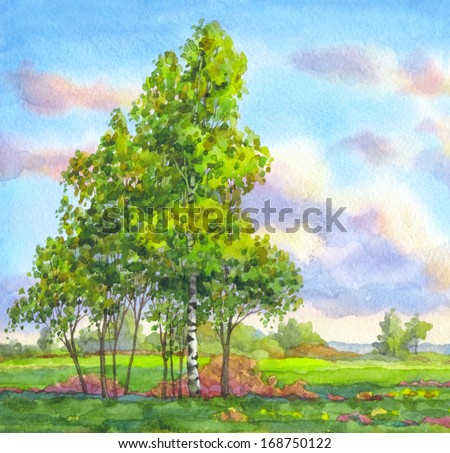Watercolor landscape. Gentle breeze is waving the trees in the field against the evening sky