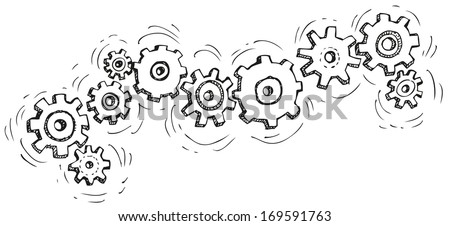 Vector cartoon gear wheels. Drawn in black ink on white background