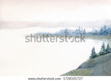 Hand drawn watercolour paint sketch on light paper. Text space rural fresh taiga field bush shrub plant rocky land. Quiet cloudy fall life old alp slope park artwork scene. Pond creek bay scenic view