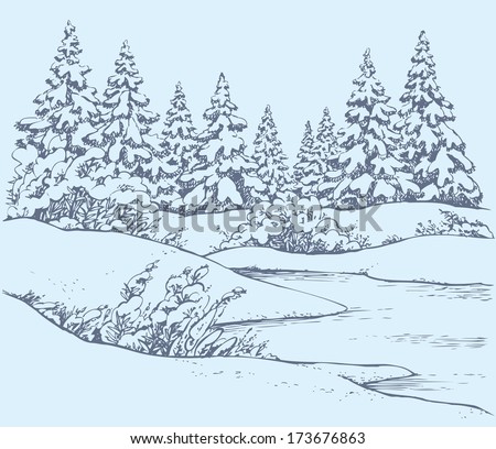 Vector graphic sketch. Winter forest landscape with snow-covered fir trees and bushes on the hills near the frozen river