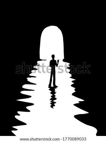 1 young sad body go pass away dead black water hole road view deep grief spirit problem bright white text space. Hand drawn clinical soul die glow ray old gate logo icon sign design mystic cartoon art