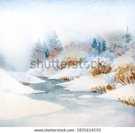 Bright hand drawn watercolour paint sketch artwork on light paper card backdrop text space. Calm blue color drift shrub plant wintertime day scene. Icy new year thaw brook creek bay coast scenic view