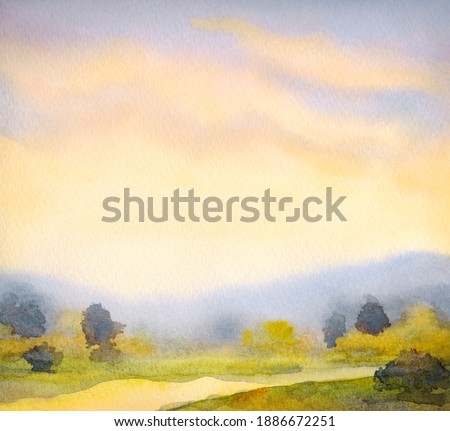 Colorful cheerful handmade watercolour on paper backdrop with space for text on orange heaven. Vivid purple cumulus over light sunlit reservoir with lush bushes on horizon reflected in clear stream