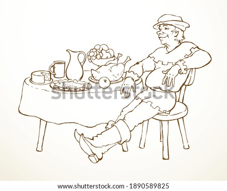 Funny happy hungry robber white beer meal snack castle bar wall text space. Outline black ink hand drawn age corsair sailor suit fun art doodle line past tale style. Lord king warrior knight sit home