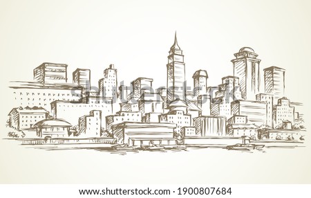 Abstract waterfront usa new york highrise bank structure center panoramic view. midtown dock harbor sky text space. Outline black ink hand drawn built logo icon sign texture design in art doodle style