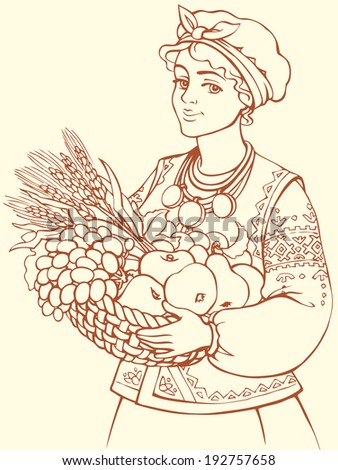 Cartoon freehand outline sketch picture. Wonderful cheerful girl in kerchief, white embroidered blouse and folk waistcoat cute smiling, holding basket with ripe juicy fruits and sheaf of wheat ears