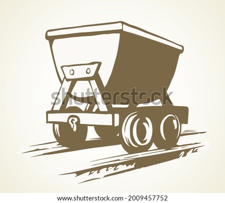 Old iron lurry minecart tram tool equipment on white text space. Black line hand drawn heavy coal fuel ore load move freight delivery carry truck service logo sign sketch in retro art cartoon style