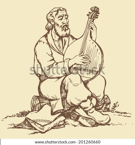 Vector monochrome picture handmade style drawing pen on paper. Old Ukrainian itinerant musician with a beard in national dress sitting on a log and pluck the strings of bandura