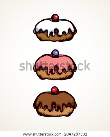 Greet happy party jew hannukah pink red brown meal icon. Fat sweet tasty sugar glaze design white card. Line black ink hand drawn round hanukiah pie sign logo sketch in art retro doodle cartoon style