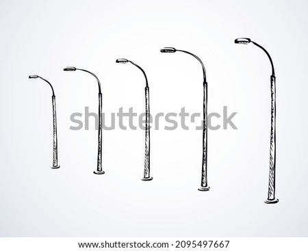 Big single iron led lit spotlight set on white backdrop. Freehand dark black ink outline hand drawn path public object logo icon pictogram in art doodle style pen on paper space for text. Closeup view