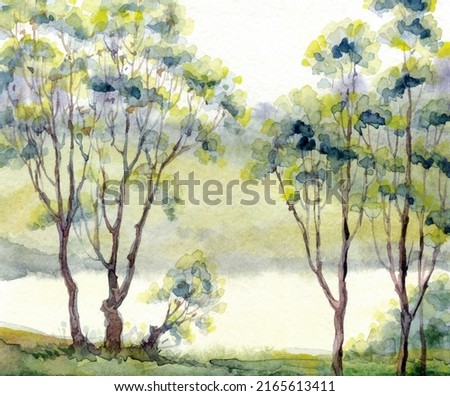 Bright hand drawn watercolour artist sketch fresh air sundown scene. Paper backdrop text space. Light green yellow color paint artwork thicket shrub valley lawn on calm day scenic brook bay bank view