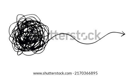 Unravel circular solve hard brain decision job way text space. Black pen hand drawn life path cable wire cord rope pull loop object circle ball shape change task art doodle cartoon logo design style