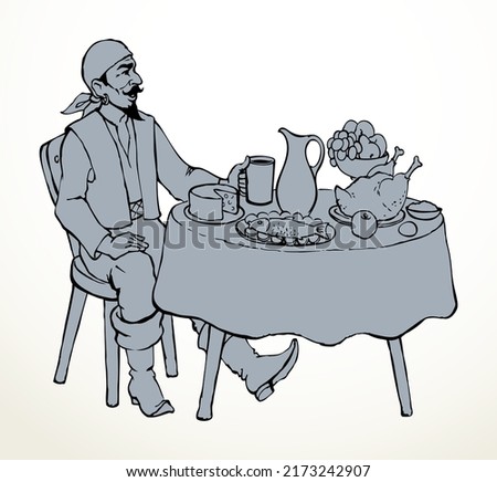 Funny happy hungry robber white beer meal snack castle bar wall text space. Outline black ink hand drawn age corsair sailor suit fun art doodle line past tale style. Lord king warrior knight sit home