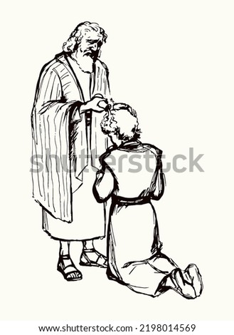 Holy jew senior elder father hold arm hair ask god power cure ill sick male guy son face rite lay pour ordain vow choose kneel young age boy Saul royal church faith human leader ruler Jesus vector art