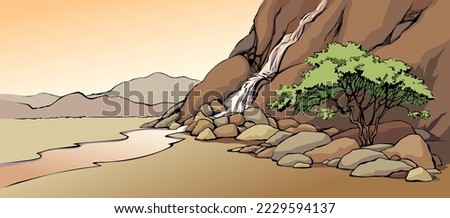 East arab biblic line old african crack crag canyon mount cliff break slope creek fall flow lush shrub scenic sky text space view. outline black hand drawn asian scene retro cartoon art doddle style