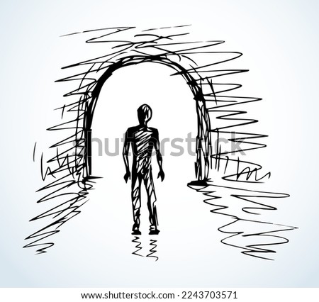 Young sad body go pass away black water hole road view deep grief spirit problem bright white text space. Hand drawn clinical soul die glow ray old gate logo icon sign design mystic doodle cartoon art