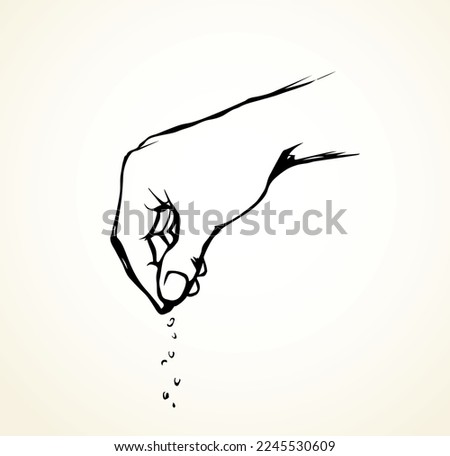 Close up view Raise female palm catch pick grip keep crumb give small corn powder white spring farm sky text space. Outline black pen drawn pour spicy logo emblem concept retro line cartoon art style