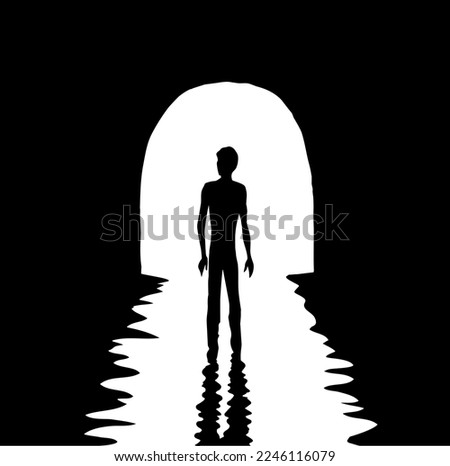 1 young sad body go pass away dead black water hole road view deep grief spirit problem bright white text space. Hand drawn clinical soul die glow ray old gate logo icon sign design mystic cartoon art